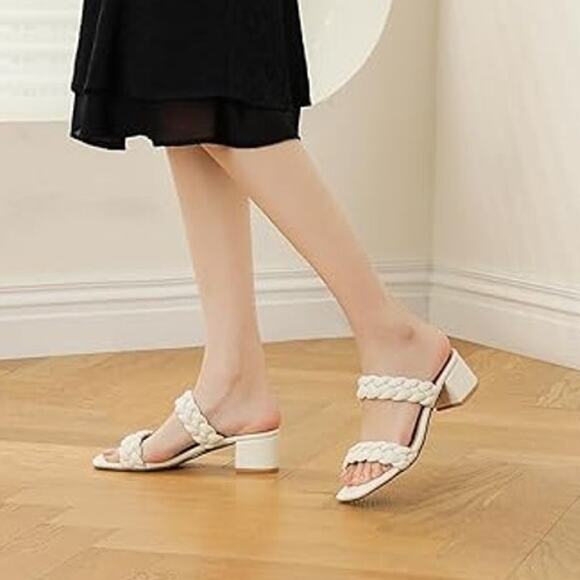 Dobolin Womens 7.5 White Braided Strap Short Chunky Heels Slip on Wedding Shoes - Picture 4 of 6